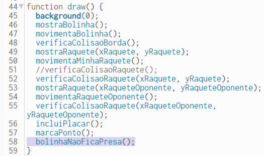 Recorte de captura de tela do editor da biblioteca p5.js, em que a function "draw" está mostrando todas as funções que o aluno chamou, e dentro dela, está inclusa a "bolinhaNaoFicaPresa".
