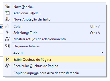 Opções ao clicar com o botão direito no diagrama no SSMS