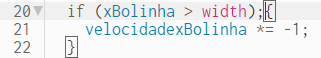 Recorte de captura de tela do editor da biblioteca "p5.js", em que as linhas 20 a 22 do código são mostradas, com o if abre parenteses o xBolinha maior que width fecha parenteses; ponto e vírgula, abre chaves velocidadexBolinha asterisco igual -1 ponto e vírgula fecha chaves
