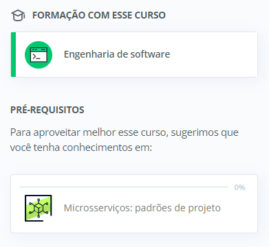 Captura de tela da formação de engenharia de software e o pré-requisito do curso de microsserviços: padrões de projeto