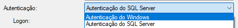 Captura de tela do tipo de autenticação no SQL Server, em que ambas autenticações estão disponíveis