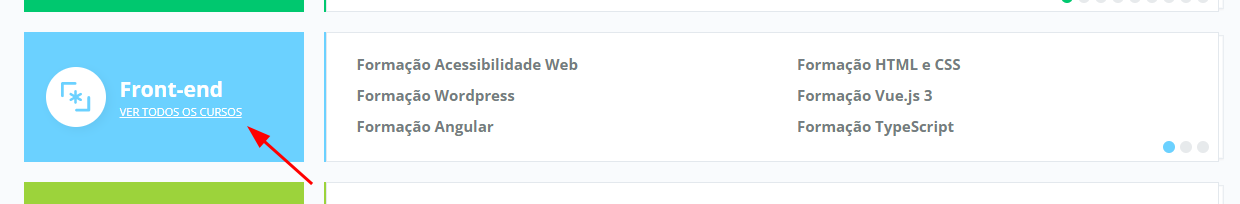 Recorte de captura de tela do site da Alura. Na página "Dashboard". Está no canto inferior, em que uma seta vermelha está apontando para a parte "Front-end", e também embaixo de "Front-end" está "Ver todos os cursos".