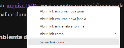 Opções ao clicar com o lado direito do mouse, em que a opção "Salvar link como..." está selecionada