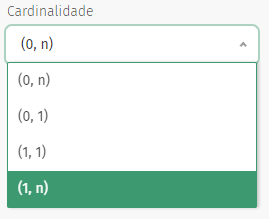 Recorte de captura em tela do brModelo web, em que mostra as opções de cardinalidade: 0,n, 0,1, 1,1 e 1,n.