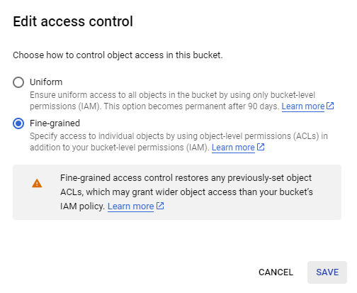 Aba chamada Edit access control, com a opção Fine-grained marcada