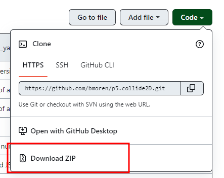 Captura de tela de parte da página redirecionada no link do "p5.collide2D", no GitHub. A seção "Code", em verde, está aberta, pois foi clicada, e a última opção ocupando a tela está marcada com um retângulo vermelho vazio, escrito "Download ZIP".