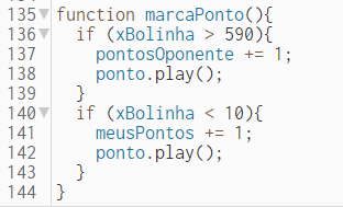 Captura de tela do editor p5.js, em que o código JavaScript mostra a função "marcaPonto" e o que ela contém dentro - as condições com if e as variáveis de xBolinha.