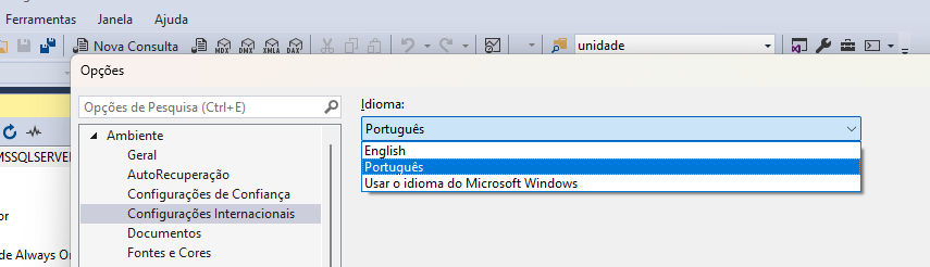 Print do SSMS mostrando as configurações internacionais e os idiomas