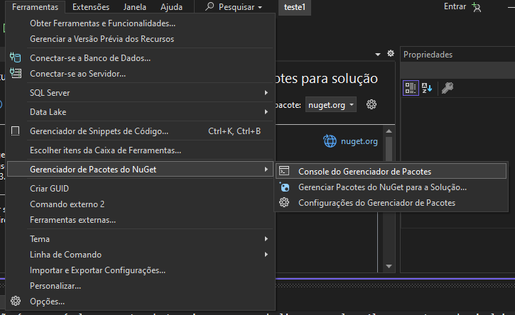 Captura de tela da opção ferramentas, gerenciador de pacotes do nuget e console do gerenciador de pacotes do nuget