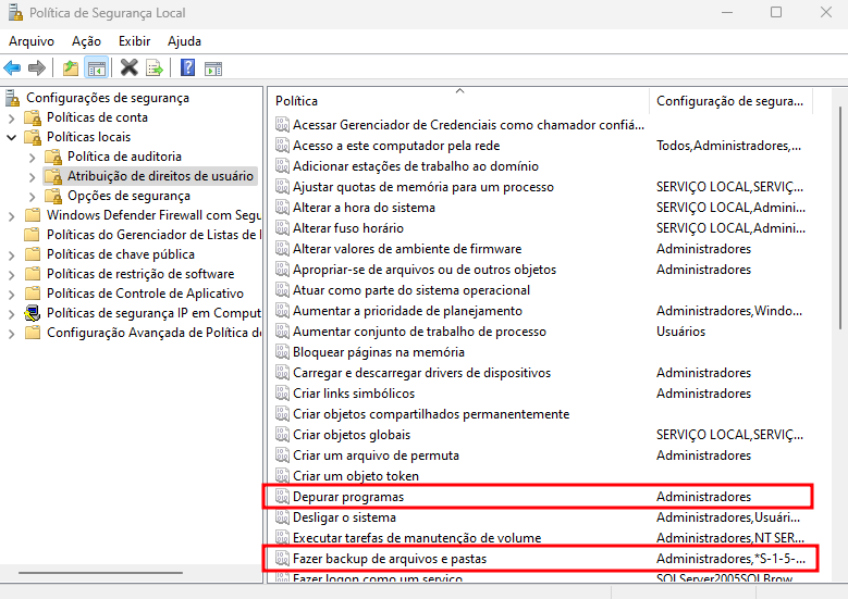 Opção para depurar programas e fazer backup de arquivos e pastas na política de segurança local