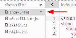 Captura de tela do editor p5.js, onde "index.html" está selecionado e sendo apontado por uma seta vermelha.