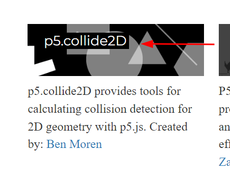 Captura de tela da nova aba "libraries", em que está recortado o "p5.collide2D", apontando para o título com uma seta vermelha.