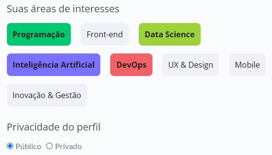 Captura de tela mostrando as áreas de interesse e a privacidade do perfil