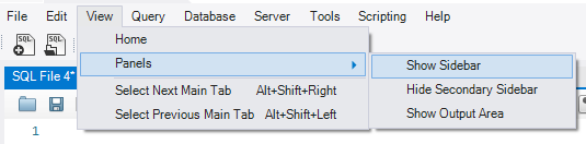 Workbench do MySQL mostrando a opção view, com o panels e o botão show sidebar