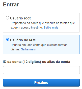 Página de login mostrando as opções de usuário root e de usuário IAM