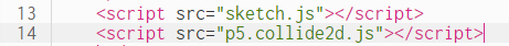 Captura de tela do editor p5.js, em que na linha 14 consta "p5.collide2d.js" no lugar de "sketch.js