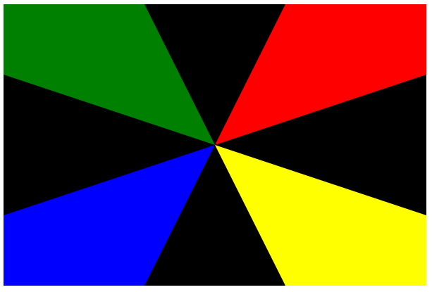 Ilustração de uma bandeira dividida em oito pedaços, com as cores, da esquerda para a direita em sentido horário: verde, preto, vermelho, preto, amarelo, preto, azul e preto.