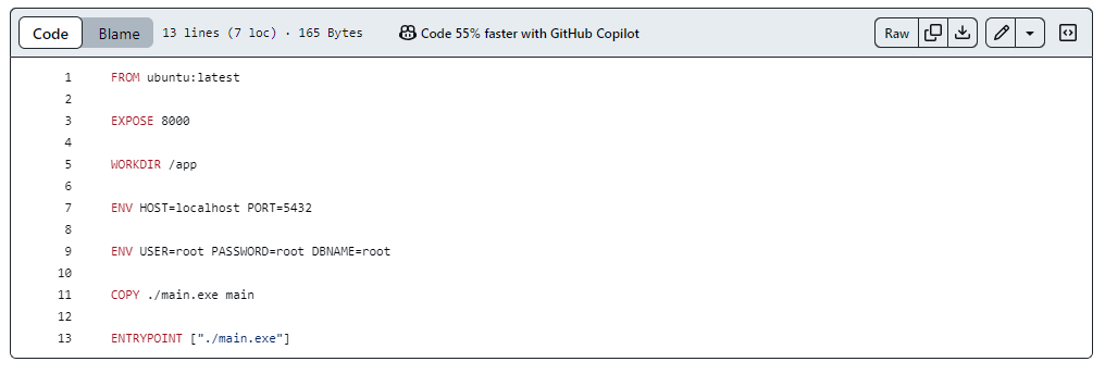 Código do Dockerfile com dois ambientes ENV contendo as variáevis de HOST e PORT em uma e USER, PASSWORD e DBNAME em outra, além das outras linhas passadas no curso