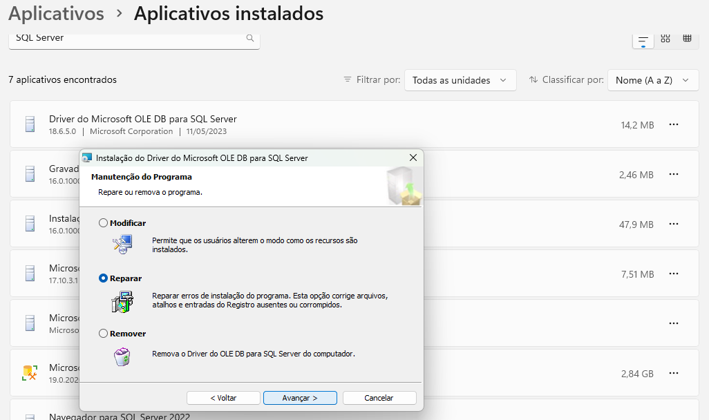 Tela de aplicativos instalados do Windows, mostrando as instalações do SQL Server