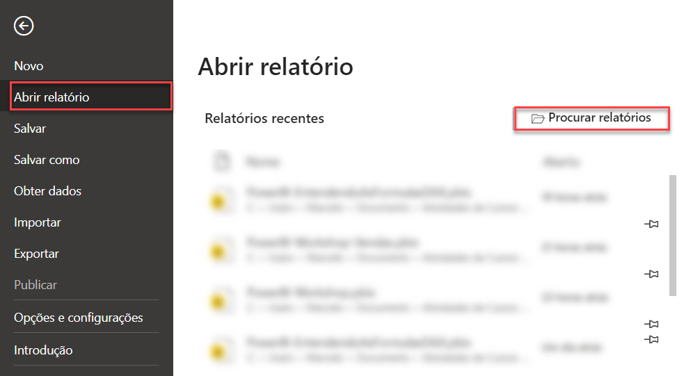 Print dos botões abrir relatório e procurar relatórios, dentro do Power BI