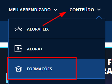 Recorte de captura de tela do site da Alura, em que a opção no canto superior, "Conteúdo" está apontada por uma seta vermelha. Na terceira opção, "Formações", há um retângulo vazio contornado por vermelho. E a opção está com uma cor azul mais clara, além de ter um capelo em frente à palavra "Formações".