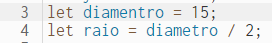 Recorte da captura de tela do editor da biblioteca "p5.js", mostrando as linhas do código 3 e 4 que o aluno enviou. Nela estão presentes o "let diamentro = 15" e "let raio = diametro / 2".