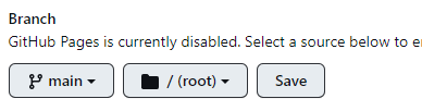 Recorte de captura de tela das configurações do repositório no Github, em que a parte "Pages" está aberta e a parte do "Branch" aparece com a seleção do main, a pasta com o root em aberto e a opção para salvar.