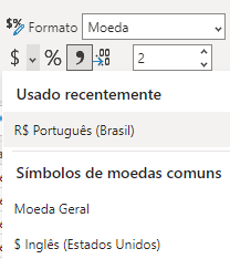 Tela do Power BI mostrando a parte de formatação com a moeda em BRL