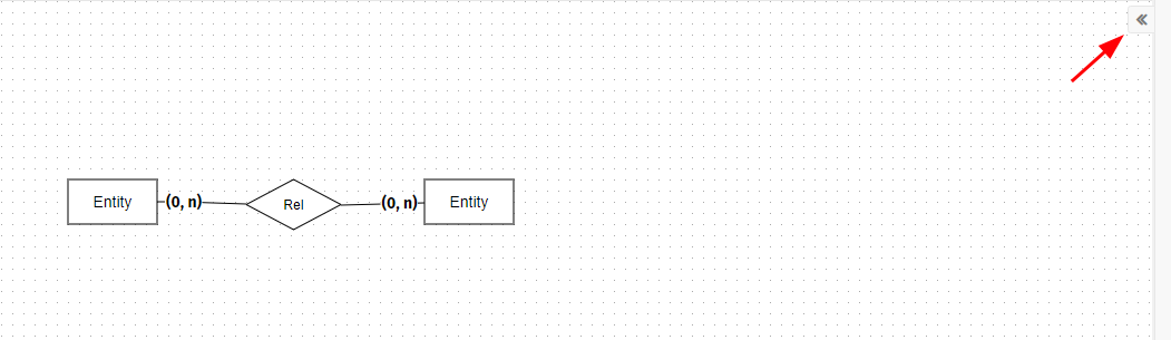 Recorte de captura em tela do brModelo web, em que duas entidades estão ligadas por um relacionamento e há duas cardinalidades abre parenteses 0,n fecha parenteses. Na captura de tela há uma seta apontando para um quadrado no canto superior direito, em que há dentro duas setinhas na cor cinza apontando para a esquerda.