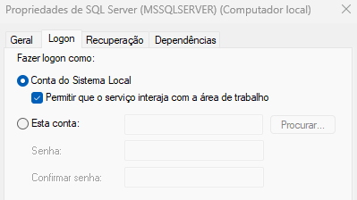 Aba Logon aberta, nas propriedades do SQL Server, como ditas nos passos acima