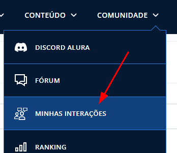 Recorte de captura de tela em que a terceira opção, "Minha interações", após clicar em "Comunidade", está sendo apontada por uma seta vermelha.