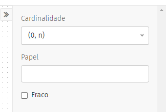 Recorte de captura em tela, mostrando o canto direito aberto, com os detalhes da cardinalidade, o papel e uma caixa não selecionada escrito "fraco".