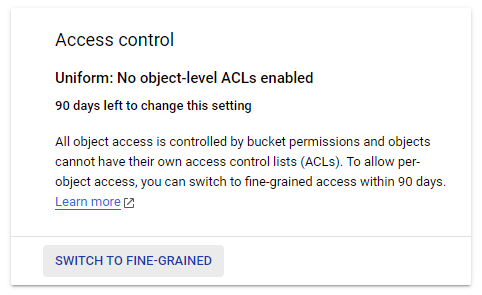 Console do Google Cloud com a parte de access control e a opção marcando switch to fine-grained
