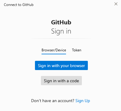 Recorte de captura de tela para conectar ao GitHub, em que as opções para logar com Browser/Device ou Token. Está selecionada a opção "Browser/Device", em que há dois botões: "Sign in with your browser" e "Sign in with code". Embaixo está escrito: "Don't have an account? Sign Up".