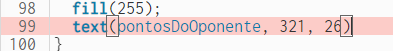 Captura de tela do editor p5.js, em que na linha 99 do código consta com um erro, estando marcada de vermelho.