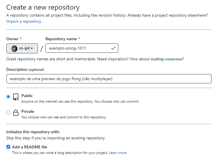 Recorte da captura de tele da criação de um novo repositório no GitHub.