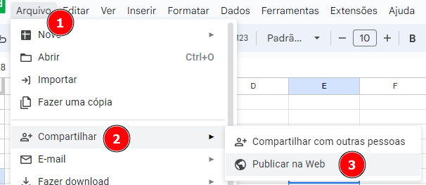 Captura de tela das opções para acessar a ferramenta "Publicar na Web" do Google Sheets.