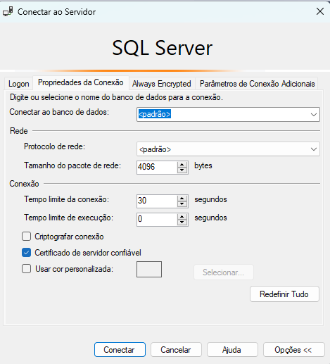 Opção de marcar certificado de servidor confiável, dentro da janela conectar ao servidor, no SQL Server