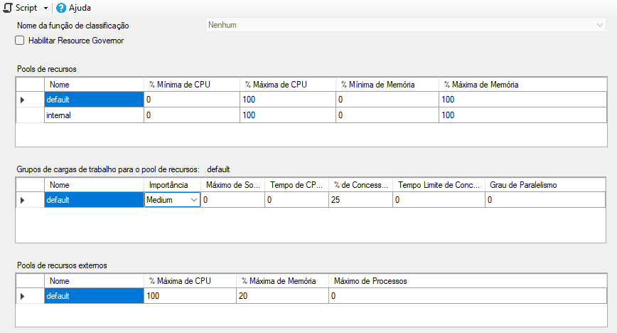 Valores das propriedades do Resource Governor.