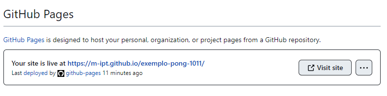 Recorte da captura de tela da guia "Pages", onde o título "GitHub pages" aparece o título, a descrição dele e um link.