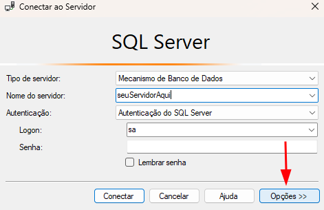 Opção "Opções" na caixa de conexão do SQL Server Management Studio