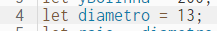 Recorte de captura de tela do editor da biblioteca p5.js, em que a quarta linha do código do aluno está aparecendo, chamando a variável "diametro" e dando o valor de 13.