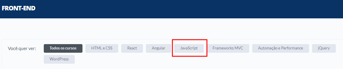 Recorte de captura de tela do site da Alura dos cursos de Front-end, em que a opção "JavaScript" está demarcado por um retângulo vazio com contorno vermelho.