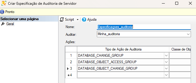 Aba de criação de especificação de auditoria de servidor, no SSMS