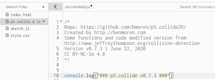 Captura de tela do editor p5.js, em que o arquivo JavaScript "p5.collide2d" está selecionado. Na tela aparece a linha 10 como principal.