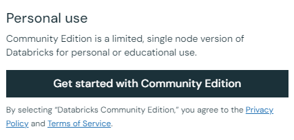 Captura de tela do "personal use" falando sobre a parte de "get started with community edition"