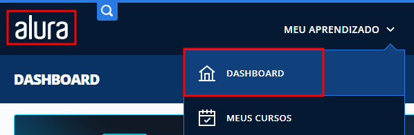 Recorte de captura de tela do site da Alura, em que após o usuário ter clicado em "Meu Aprendizado", a opção "Dashboard" estará selecionada com outra cor azul, que é mais clara. Além disso, A opção "Dashboard" com um ícone de casinha está demarcada por um retângulo vazio contornado de vermelho. O logo da Alura também.