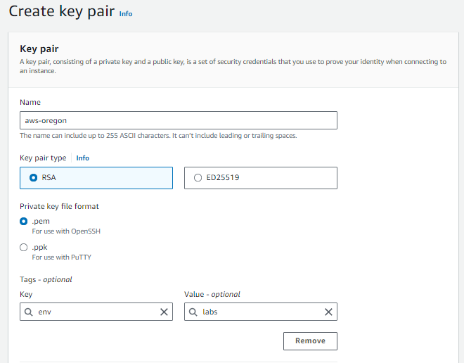 Página para criação de par de chaves com o nome de aws-oregon, o tipo de chave RSA, o formato pem e as tags de envs e labs