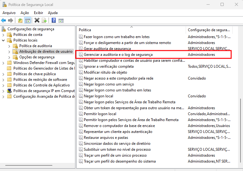 Opção de gerenciar a auditoria e o log de segurança na política de segurança local