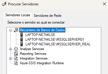 Janela aparecendo os servidores disponíveis no SSMS de acordo com o passo a passo acima